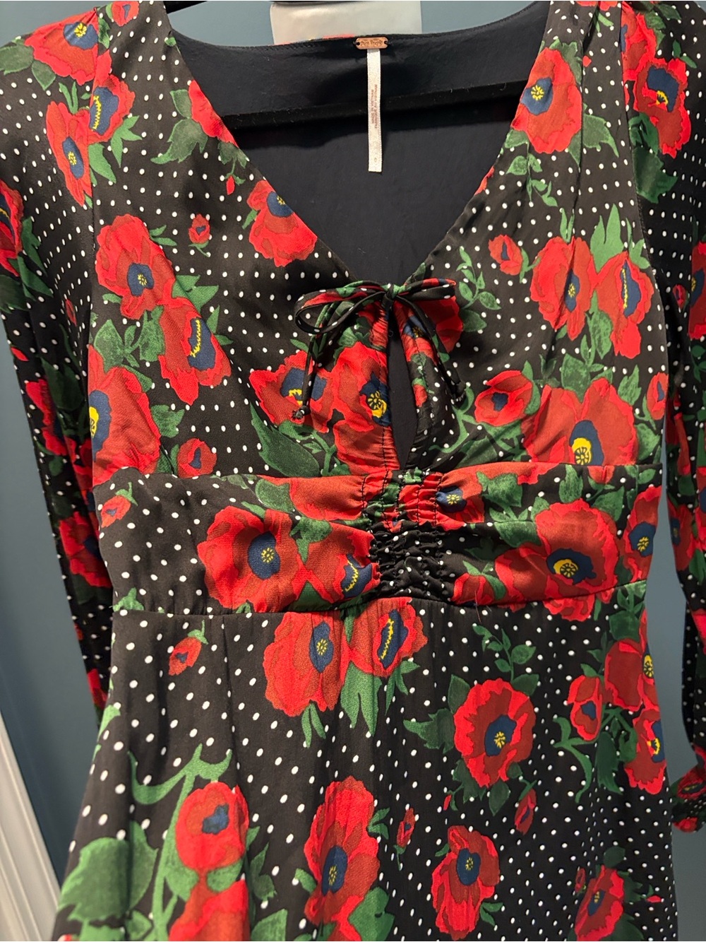 Free People Black Floral Polka-Dot Tie-Front Mini Dress
